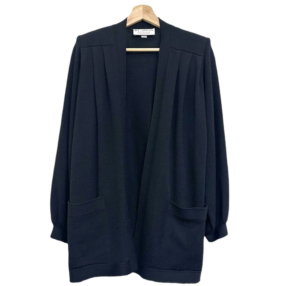 Vintage ST. JOHN Basics Santana Knit Open Front Long Cardigan in Black Sz S - Picture 5 of 16